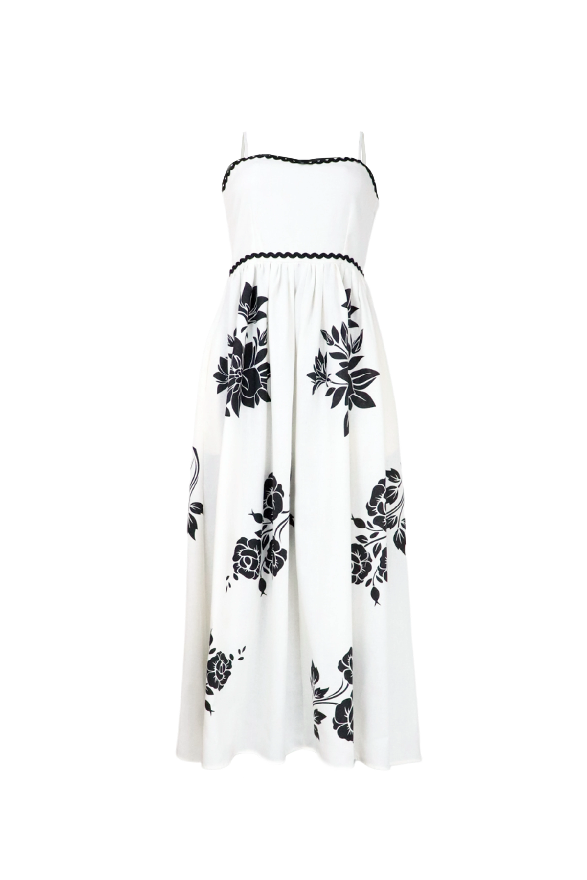 Vestido largo y blanco con estampado y apliques elegantes.