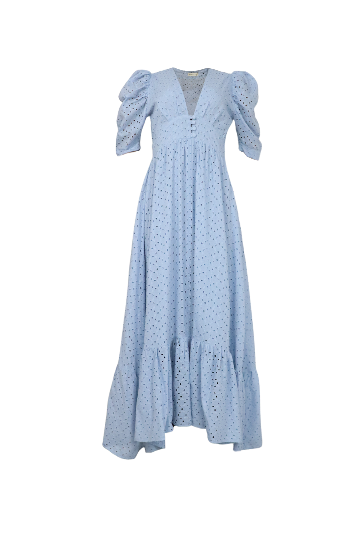 Vestido largo en ojalillo azul.