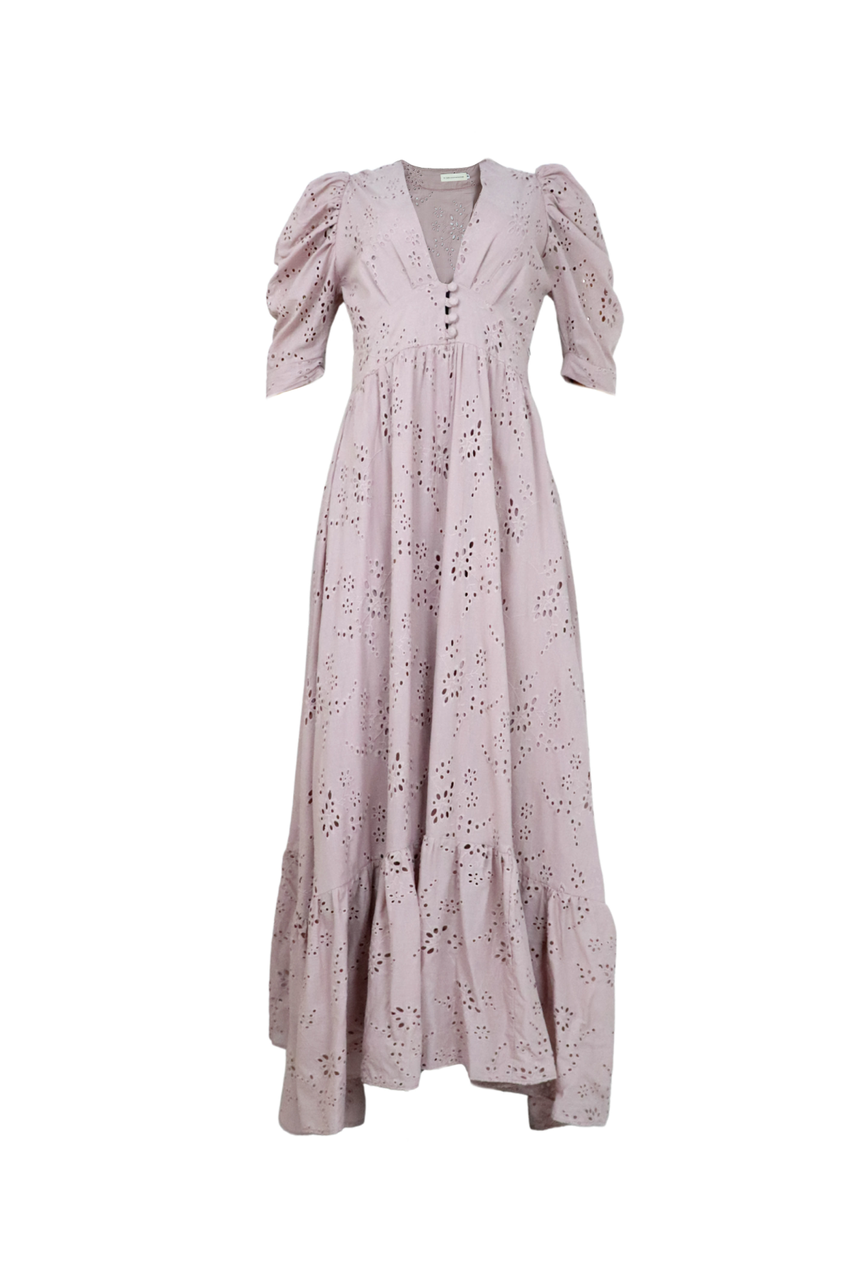 Vestido largo en ojalillo rosado.