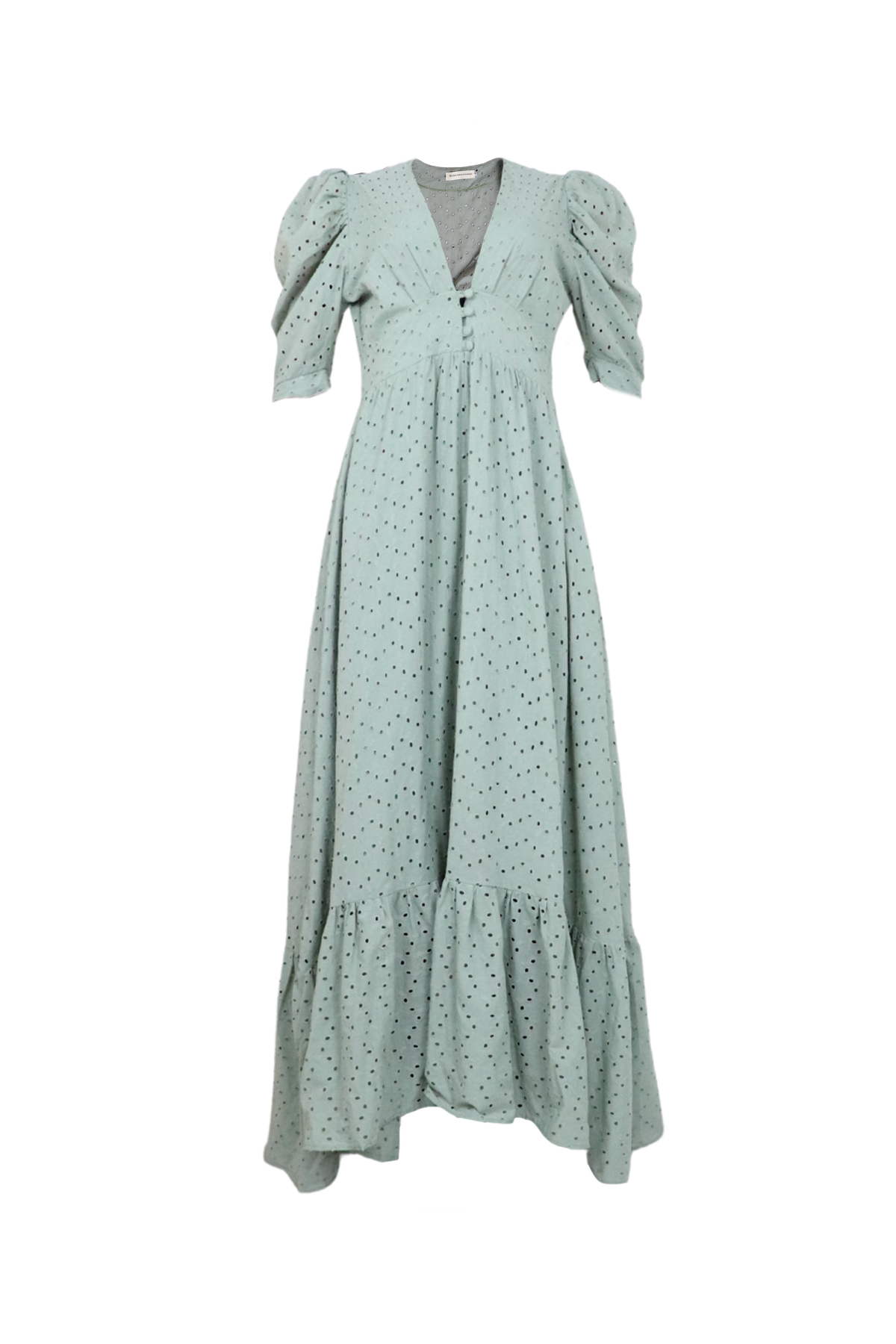 Vestido largo en ojalillo verde.