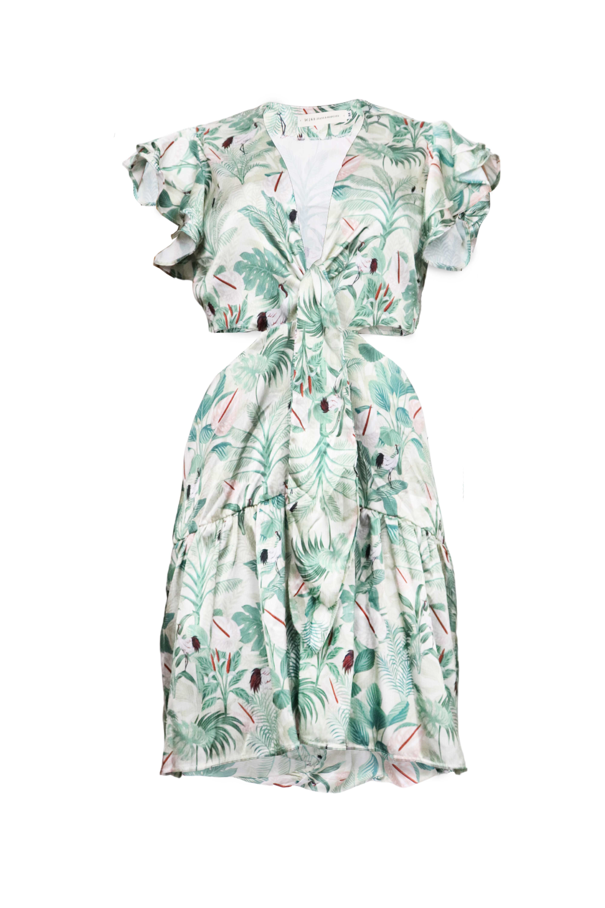 Vestido verde con escote en la espalda y boleros en las mangas.