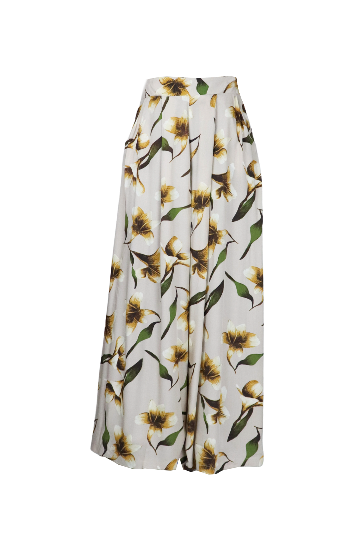 Pantalón palazzo beige con estampado.