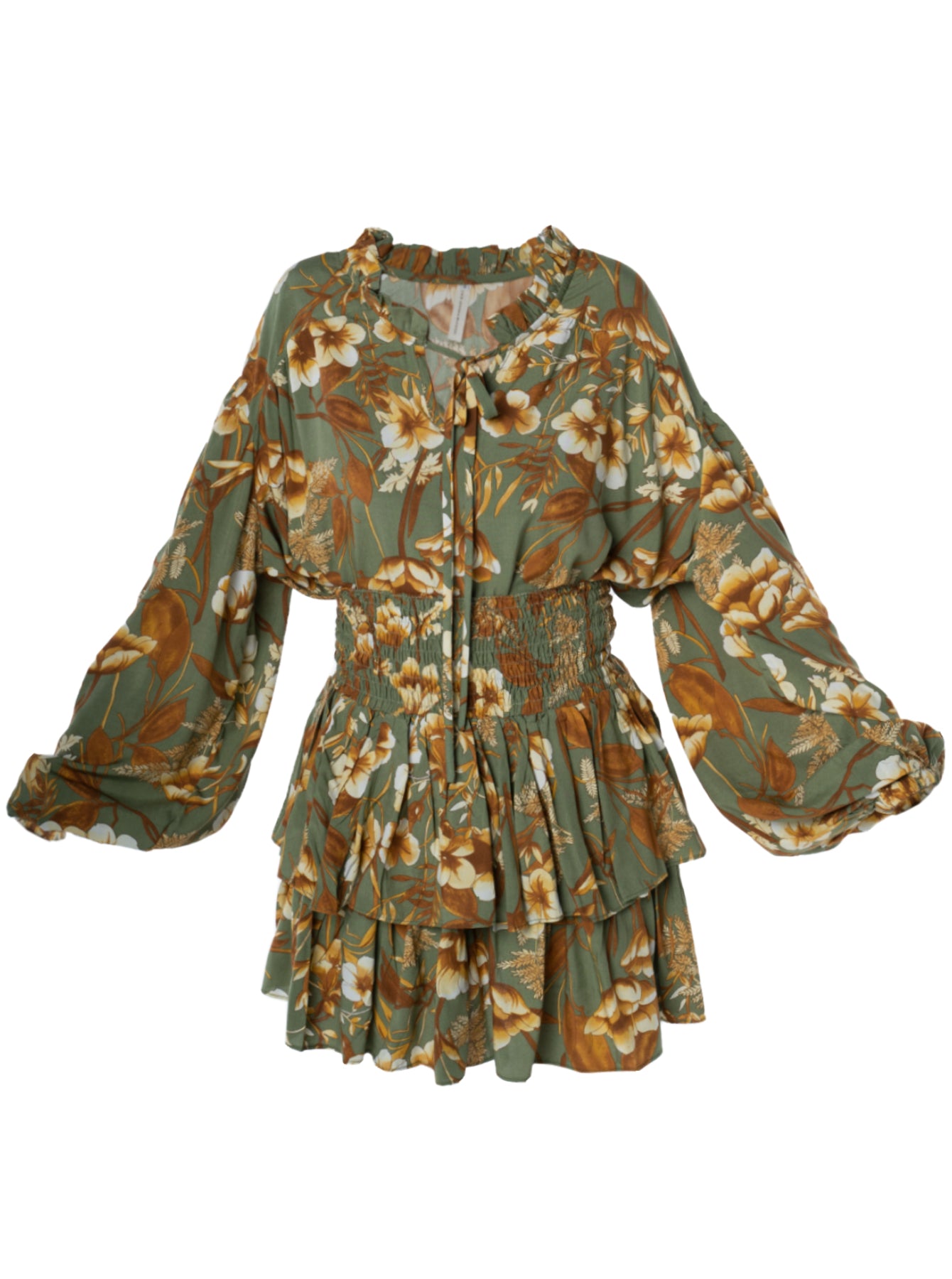 Set verde con blusa manga larga y minifalda con resorte.