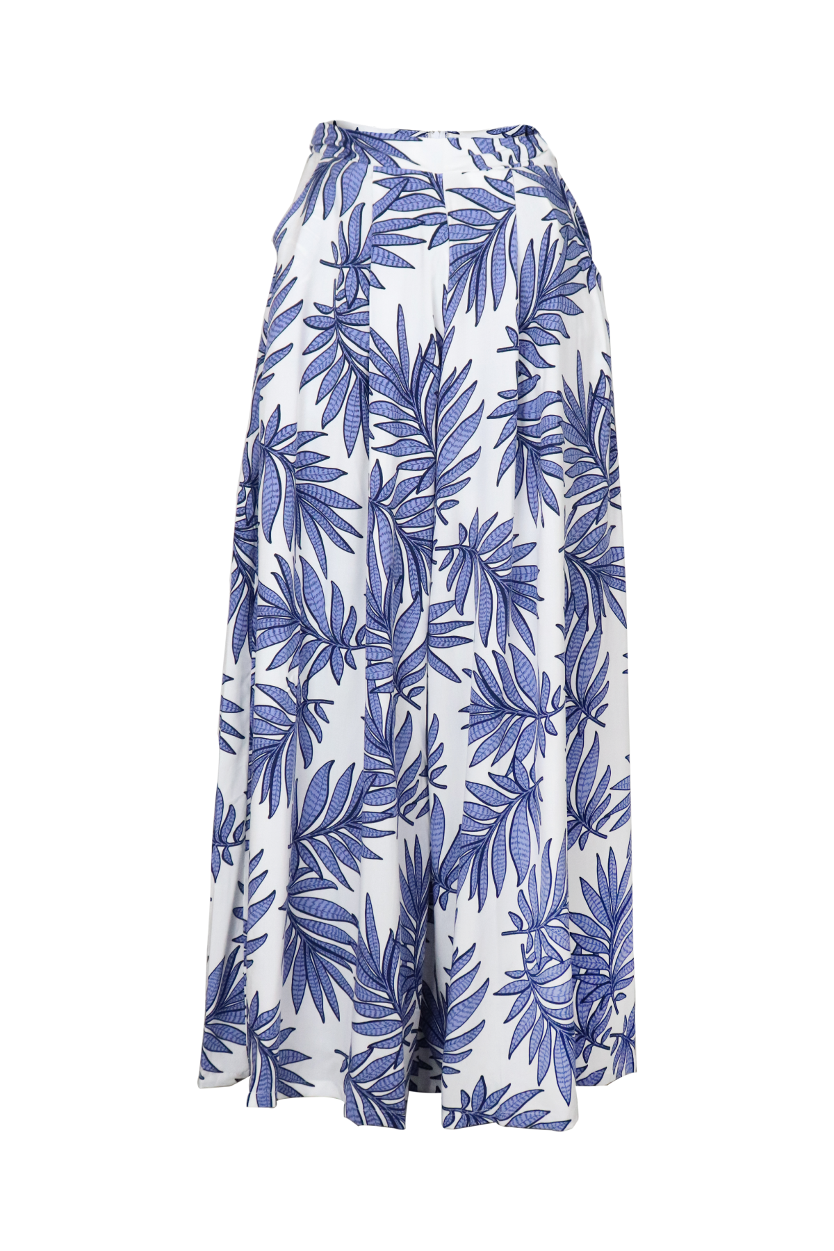 Pantalón palazzo en fondo blanco y estampado azul.