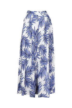 Pantalón palazzo en fondo blanco y estampado azul.