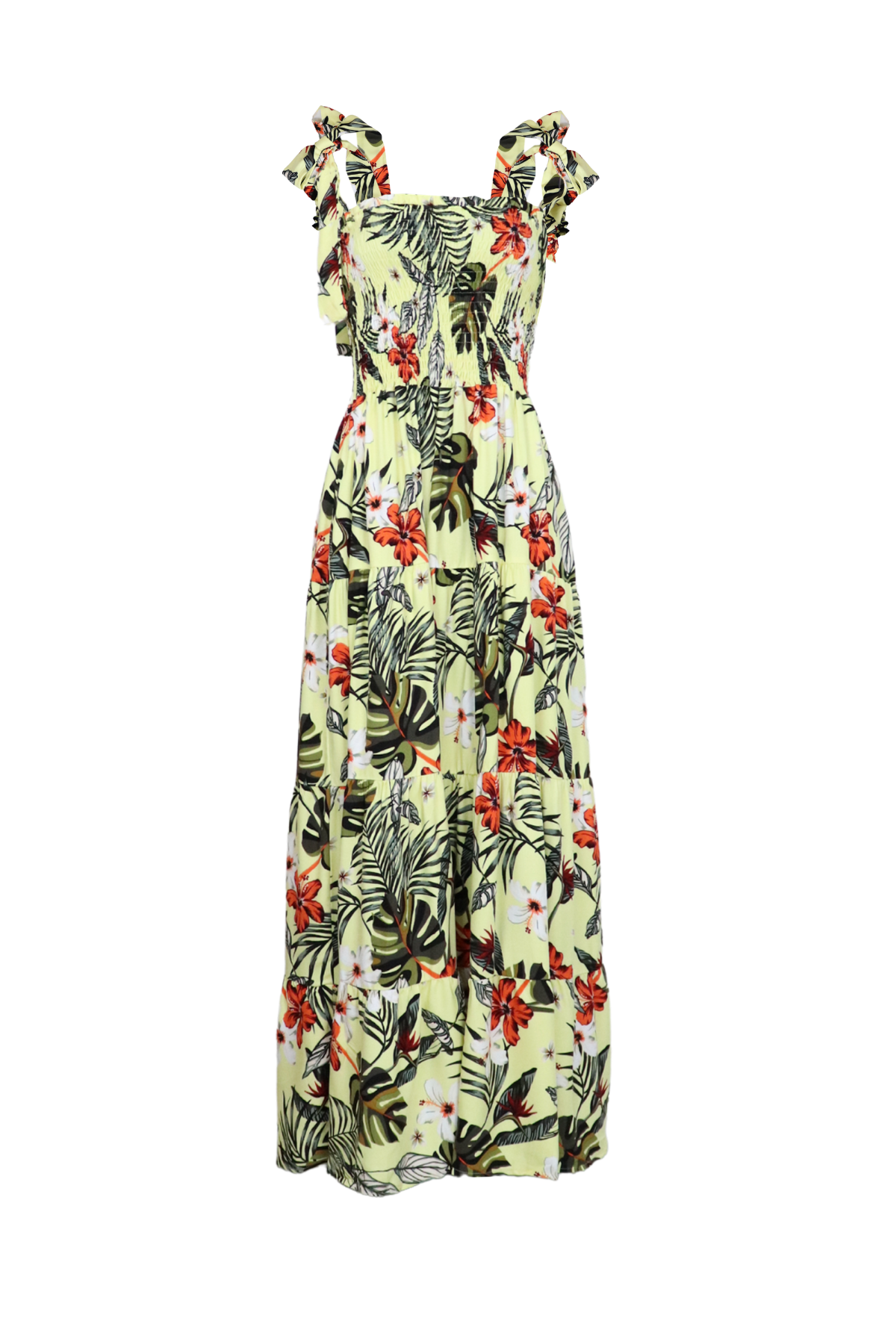 Vestido de tiras con estampado amarillo y verde.
