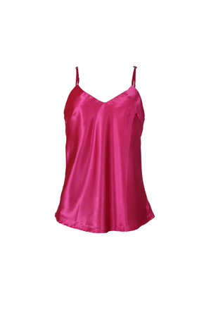 Blusa de tiras en tela satinada fucsia.