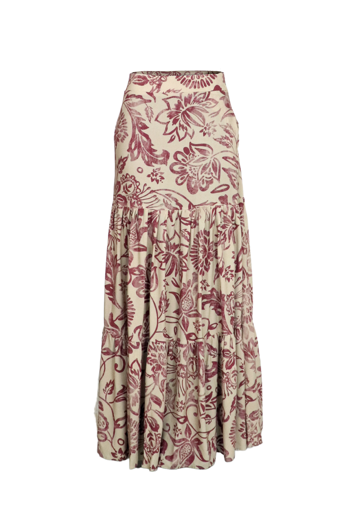 Falda larga en beige con estampado vinotinto.