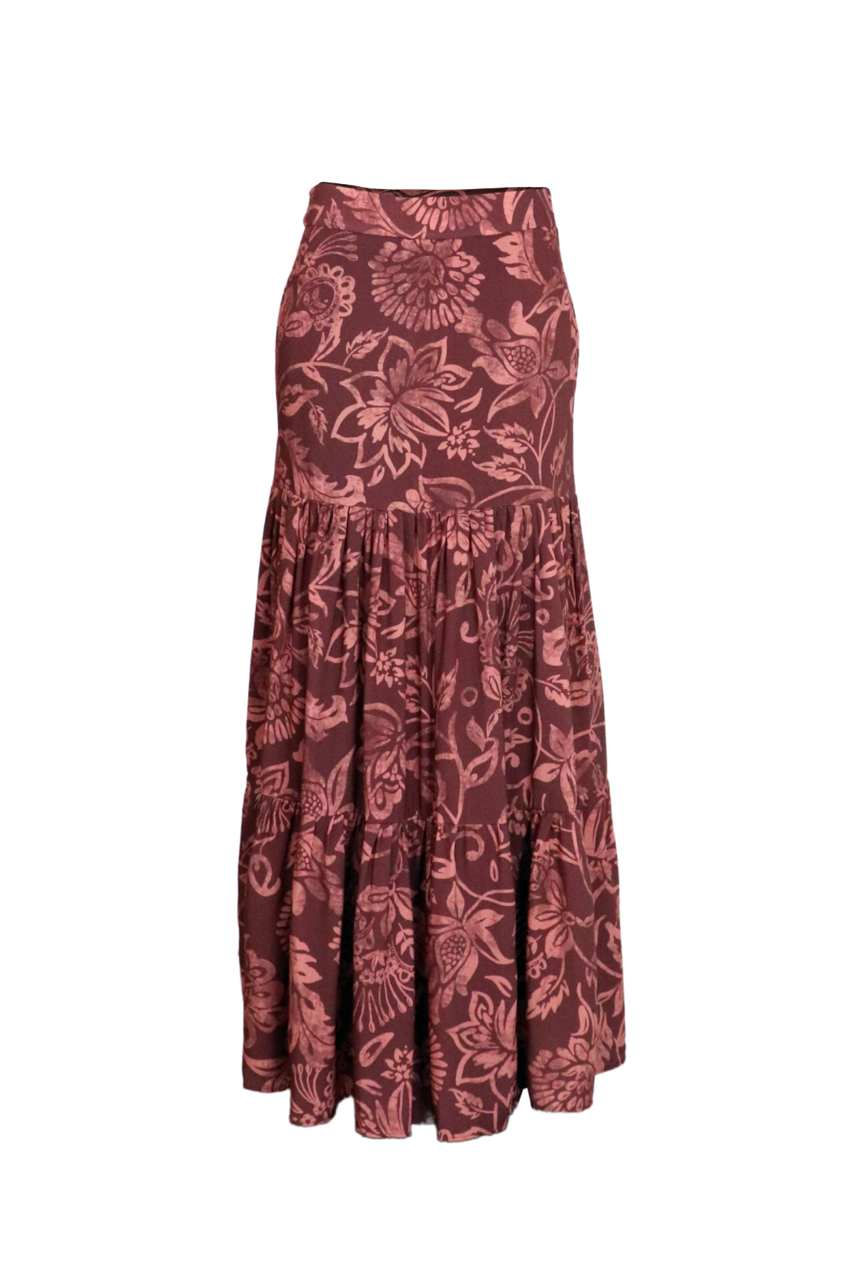 Falda larga con estampado sobrio en vinotinto.