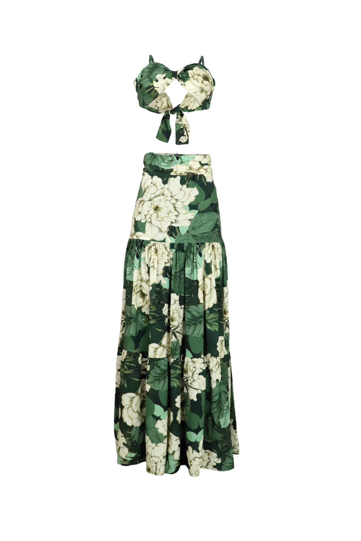 Set de crop top y falda larga verde.