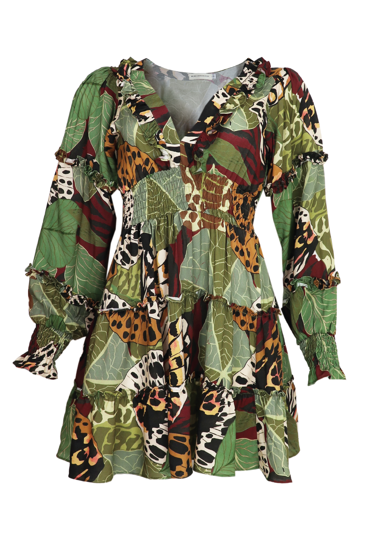 Hermoso vestido corto con rouches en las mangas verde