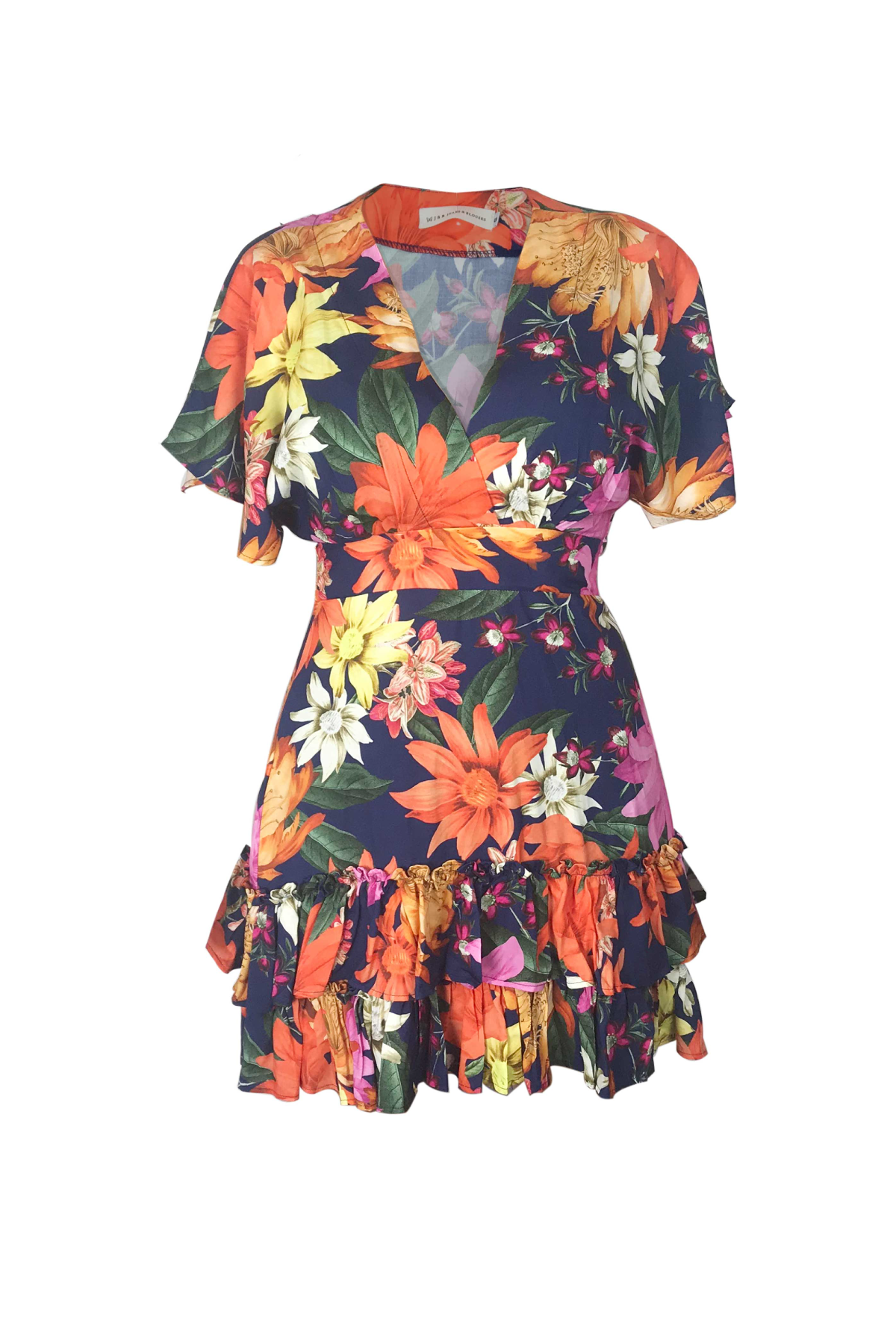 Vestido corto con estampado tropical y cuello en V.