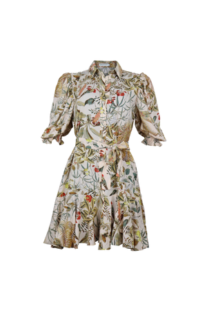 Vestido corto, beige con cinturón.