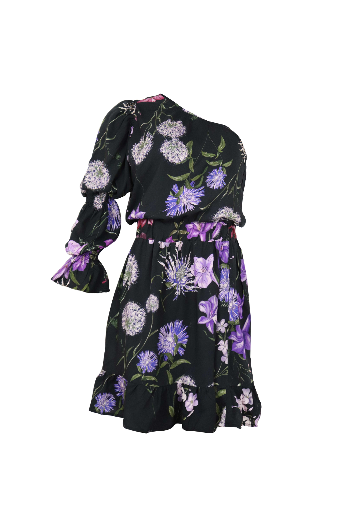 Vestido asimétrico y corto, color negro