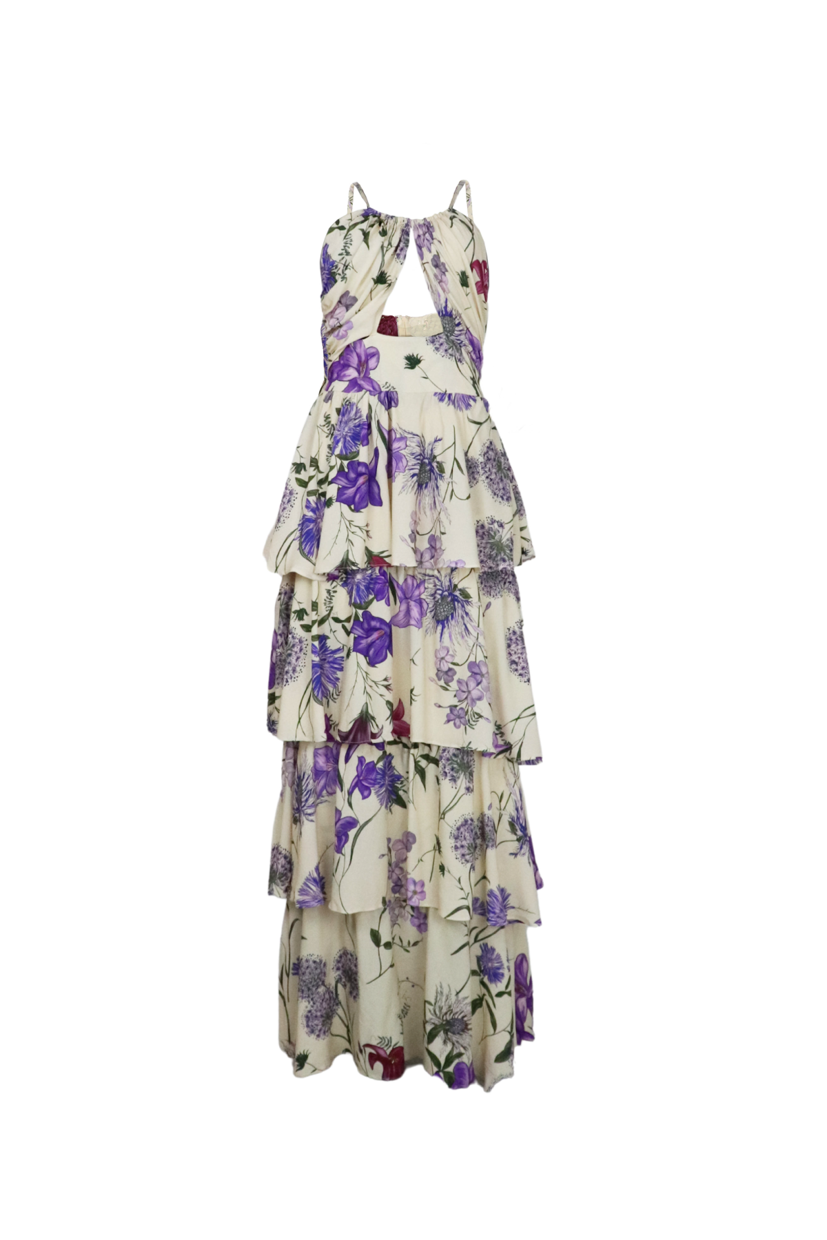 Vestido beige y largo con estampado violeta.