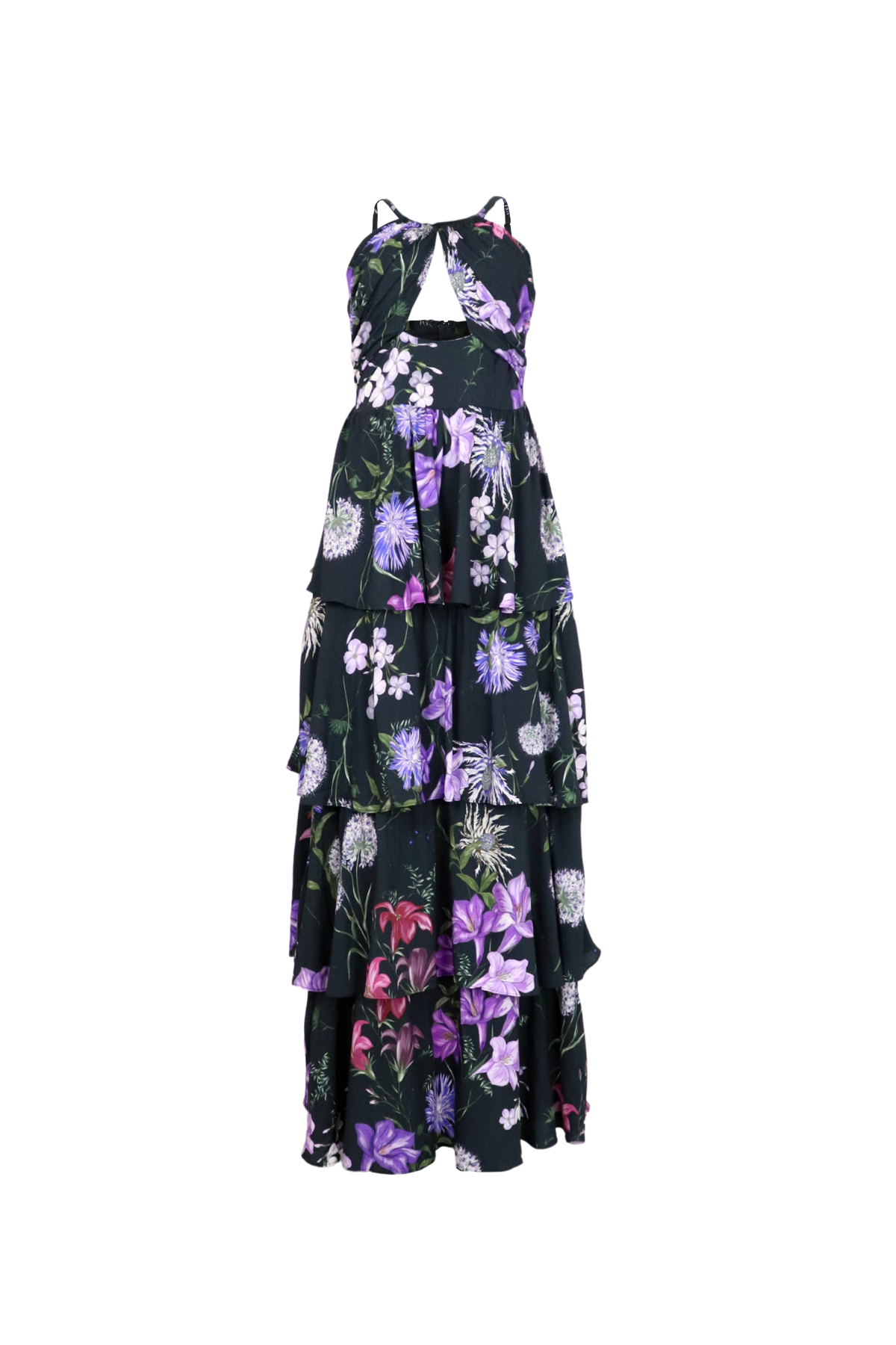 Vestido negro con estampado lila.