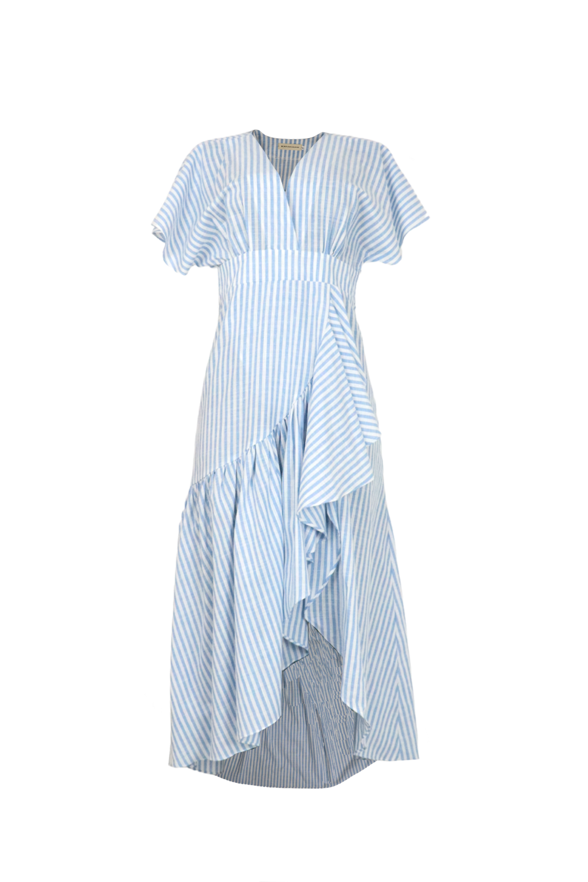 Vestido largo de rayas azul claras.