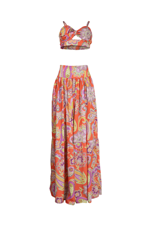 Set de crop top de tiras y falda larga con estampado fucsia.