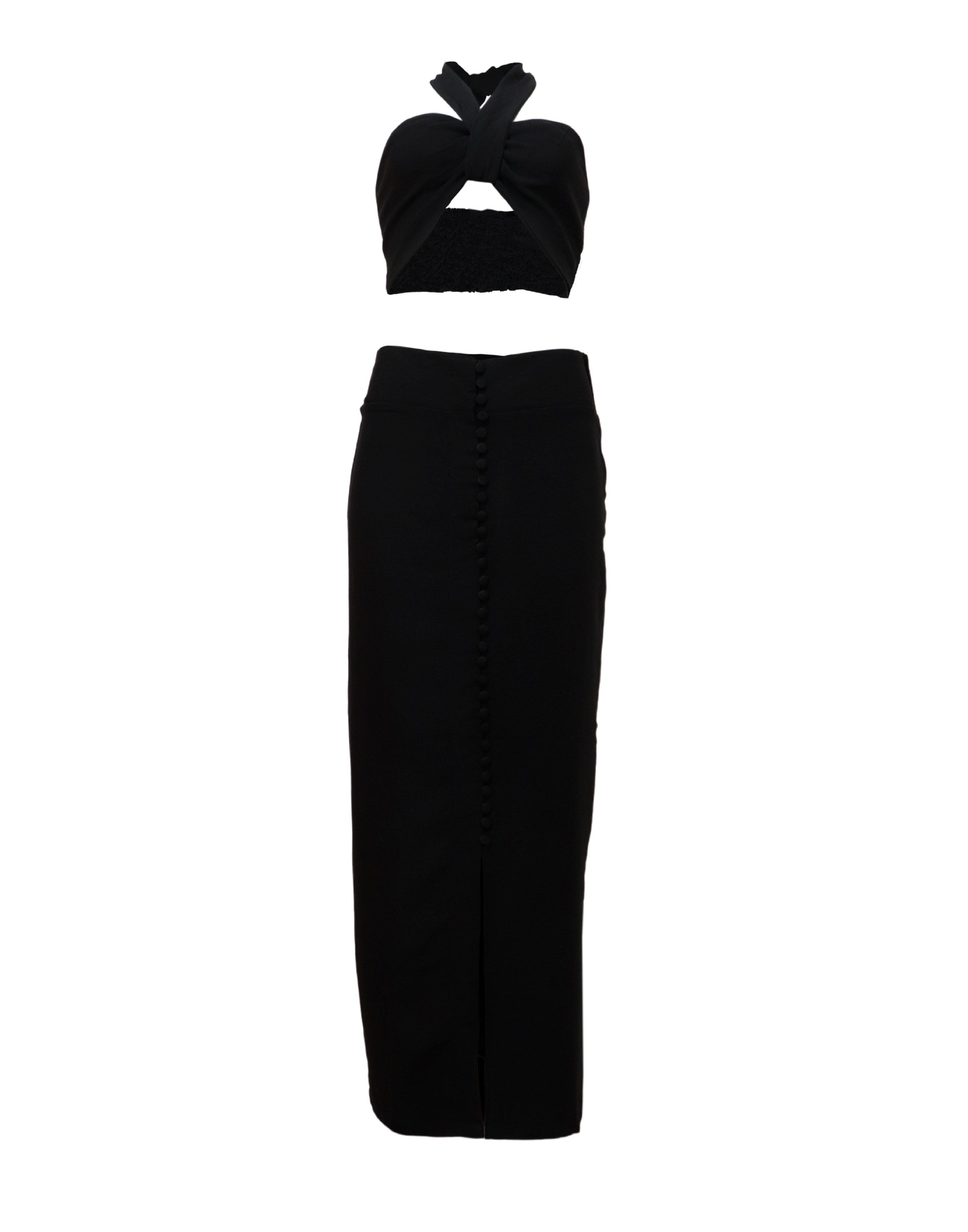 Set blanco con crop top y falda negro