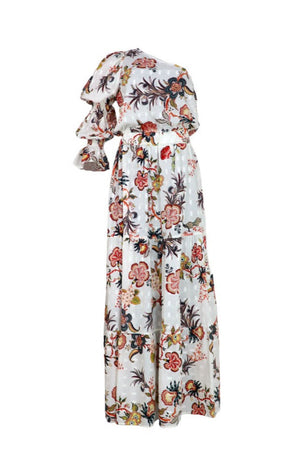 Vestido blanco y largo con cuello asimétrico, manga con volumen y estampado floral.