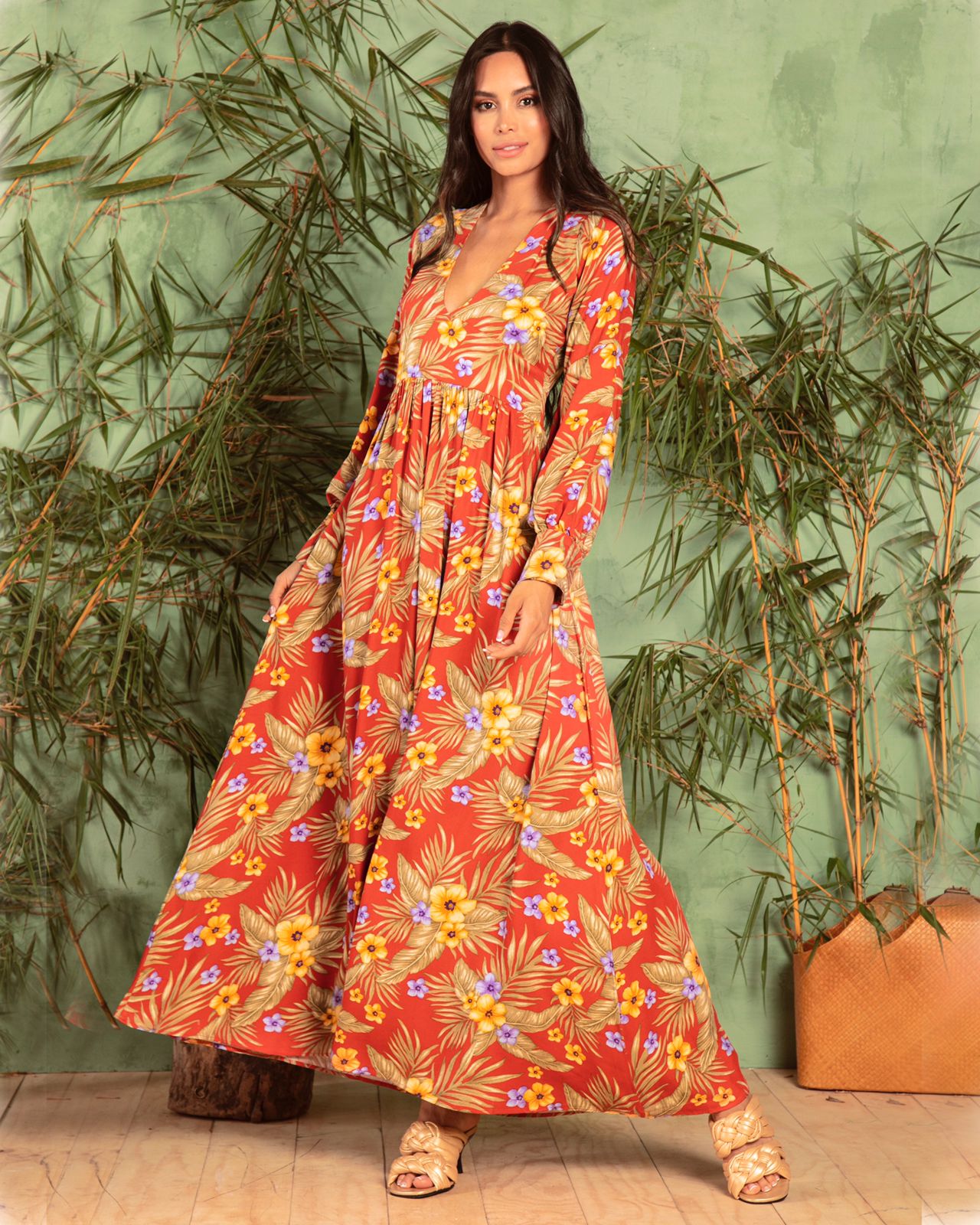 Vestido Largo Escote Espalda Estampado Flores