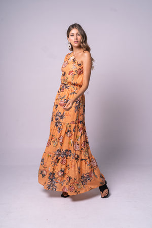 Vestido largo, asimétrico con manga puff en estampado mandarina.