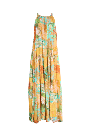 Vestido largo de tiras con mucho movimiento en color amarillo y patchwork verde.