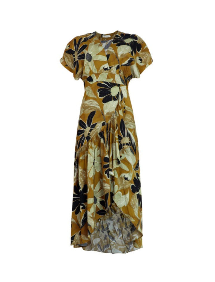Vestido midi con manga rodada y estampado camel con negro.