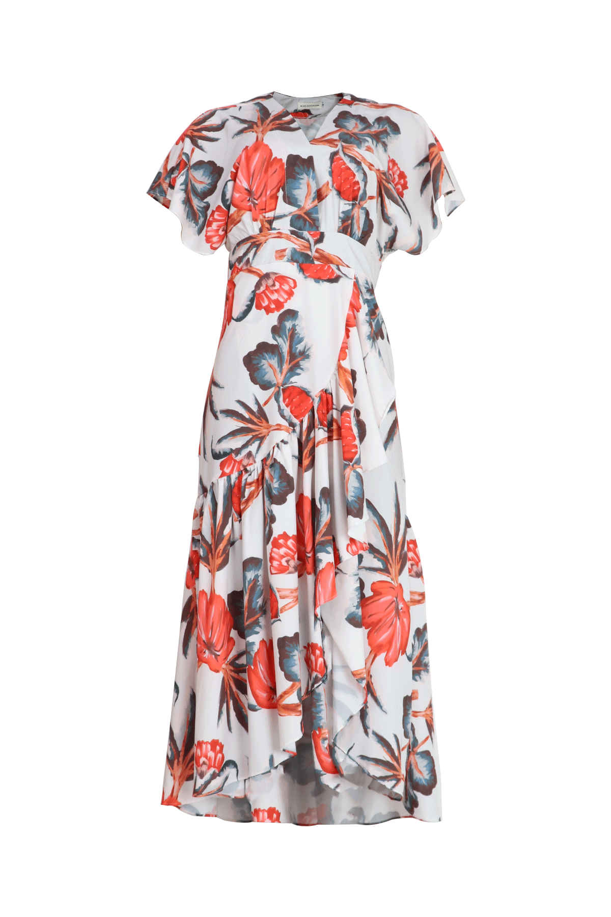 Vestido claro de manga rodada con estampado rojo.