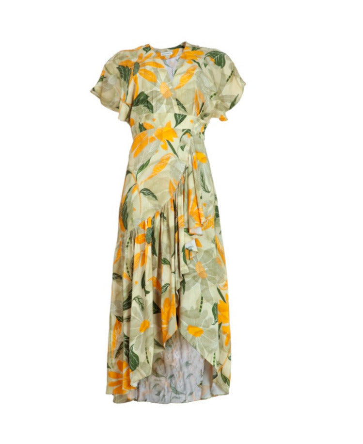 Vestido midi con manga rodada y estampado arena con verde.