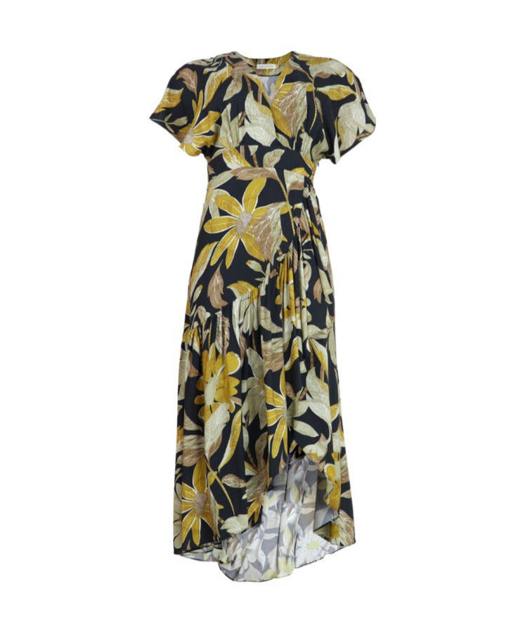 Vestido midi con manga rodada y estampado negro con dorado.