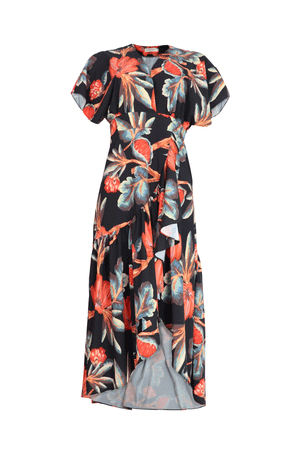 Vestido negro con estampado claro y femenino.