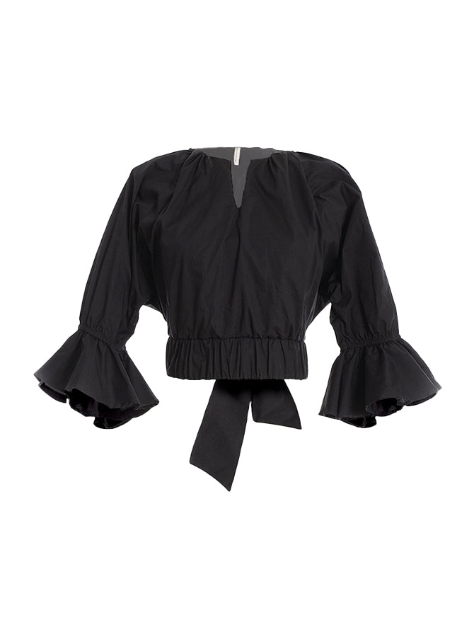Blusa manga larga con cuello en v y tiras en la espalda negro