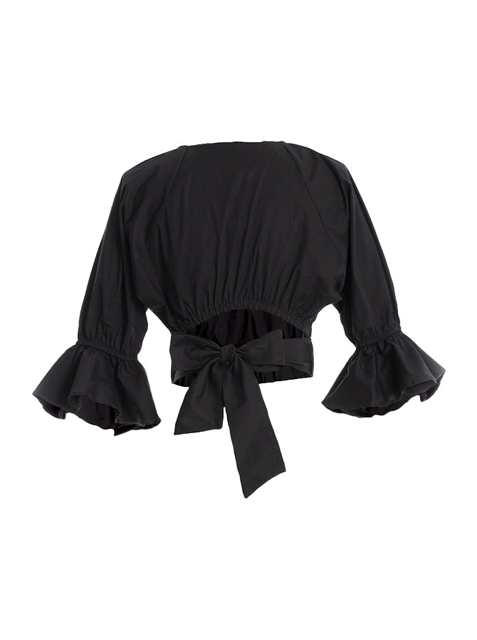 Blusa manga larga con cuello en v y tiras en la espalda negro 