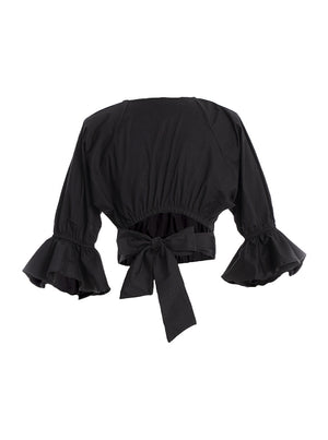 Blusa manga larga con cuello en v y tiras en la espalda negro 