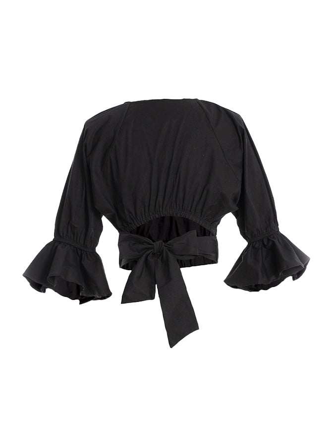 Blusa manga larga con cuello en v y tiras en la espalda negro 