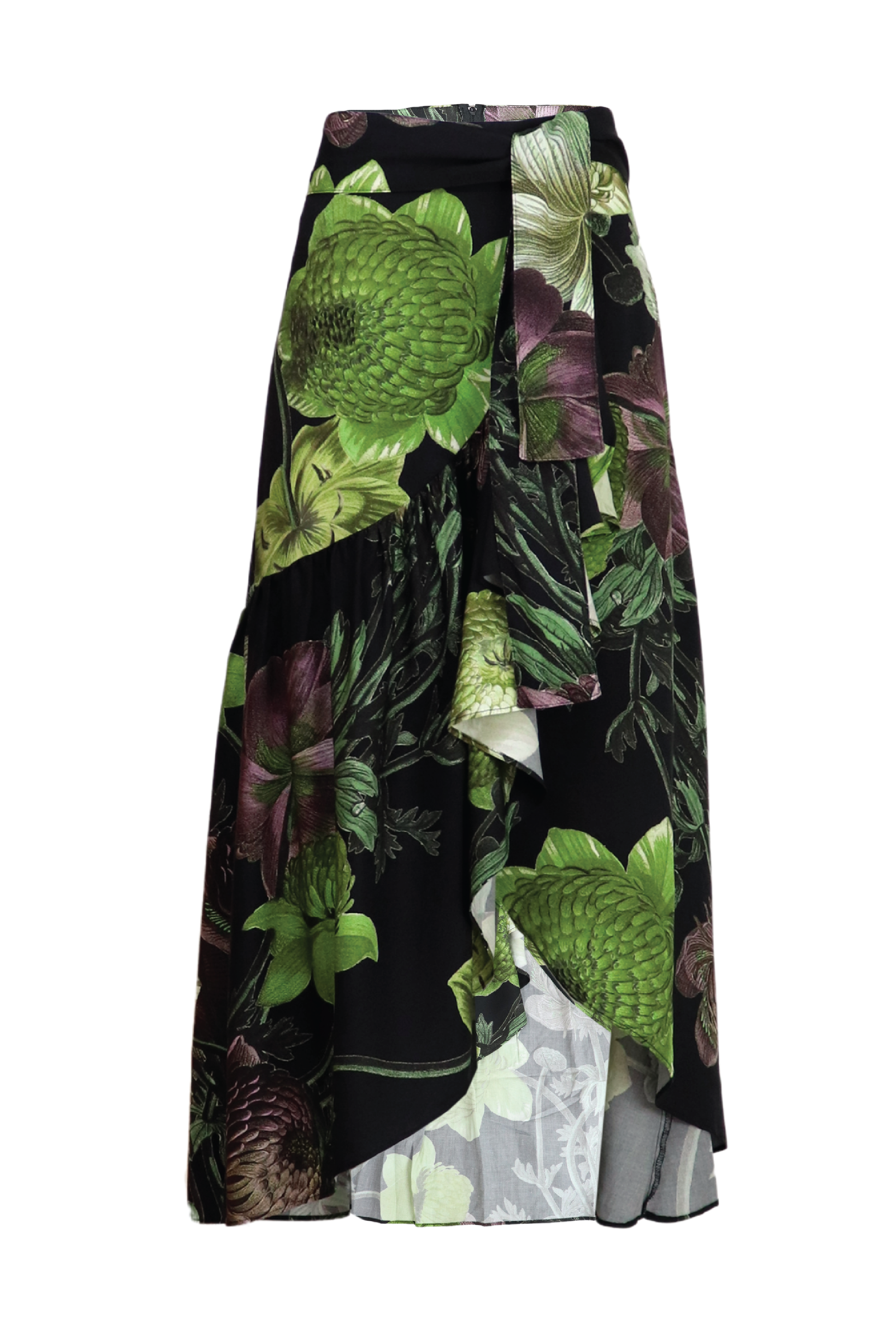 Falda asimétrica verde con boleros y estampado maxi
