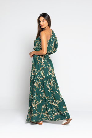 Vestido largo estampado con bolero en la falda
