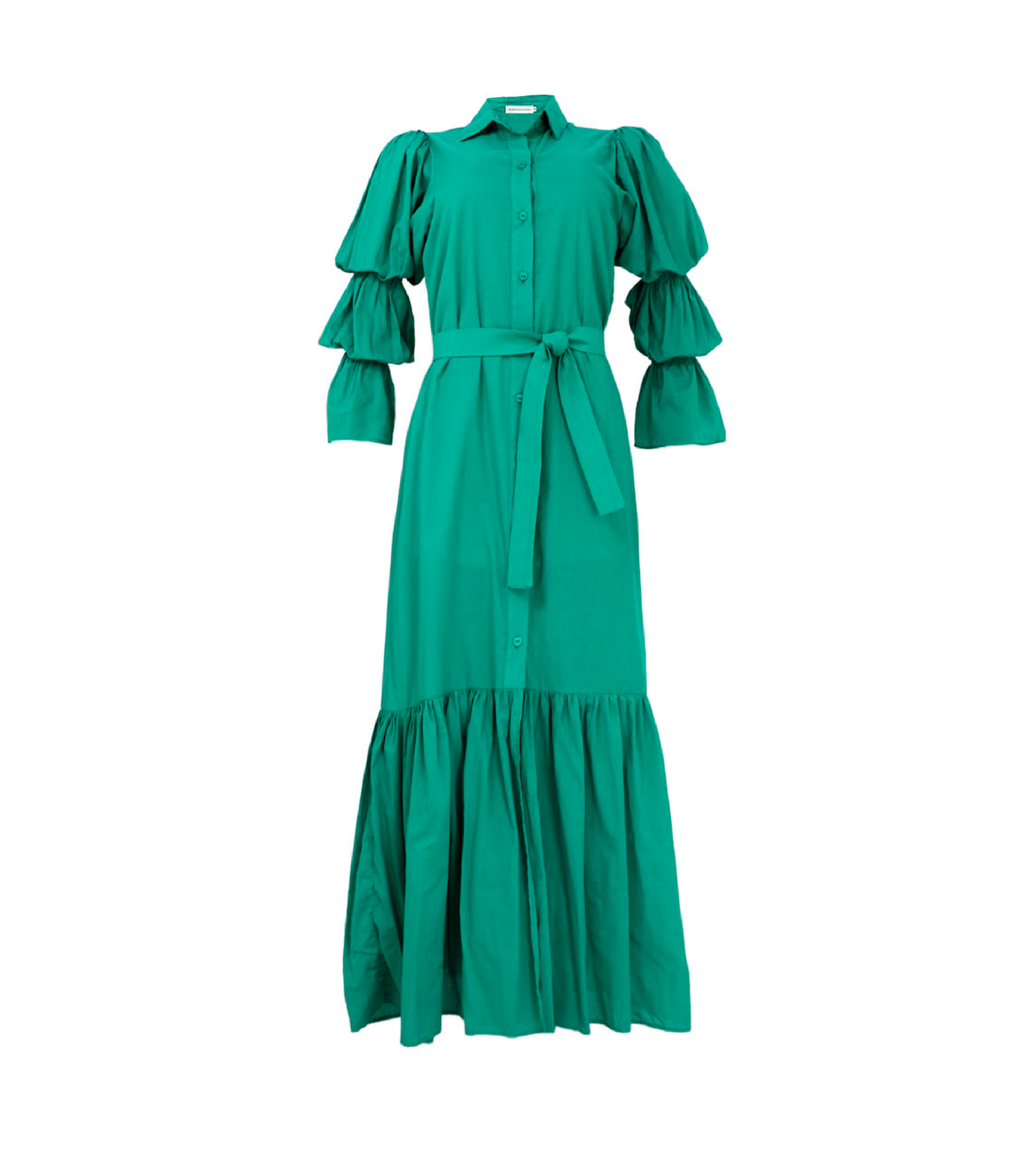 vestido largo con cinturón verde