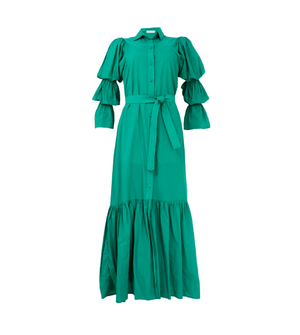 vestido largo con cinturón verde