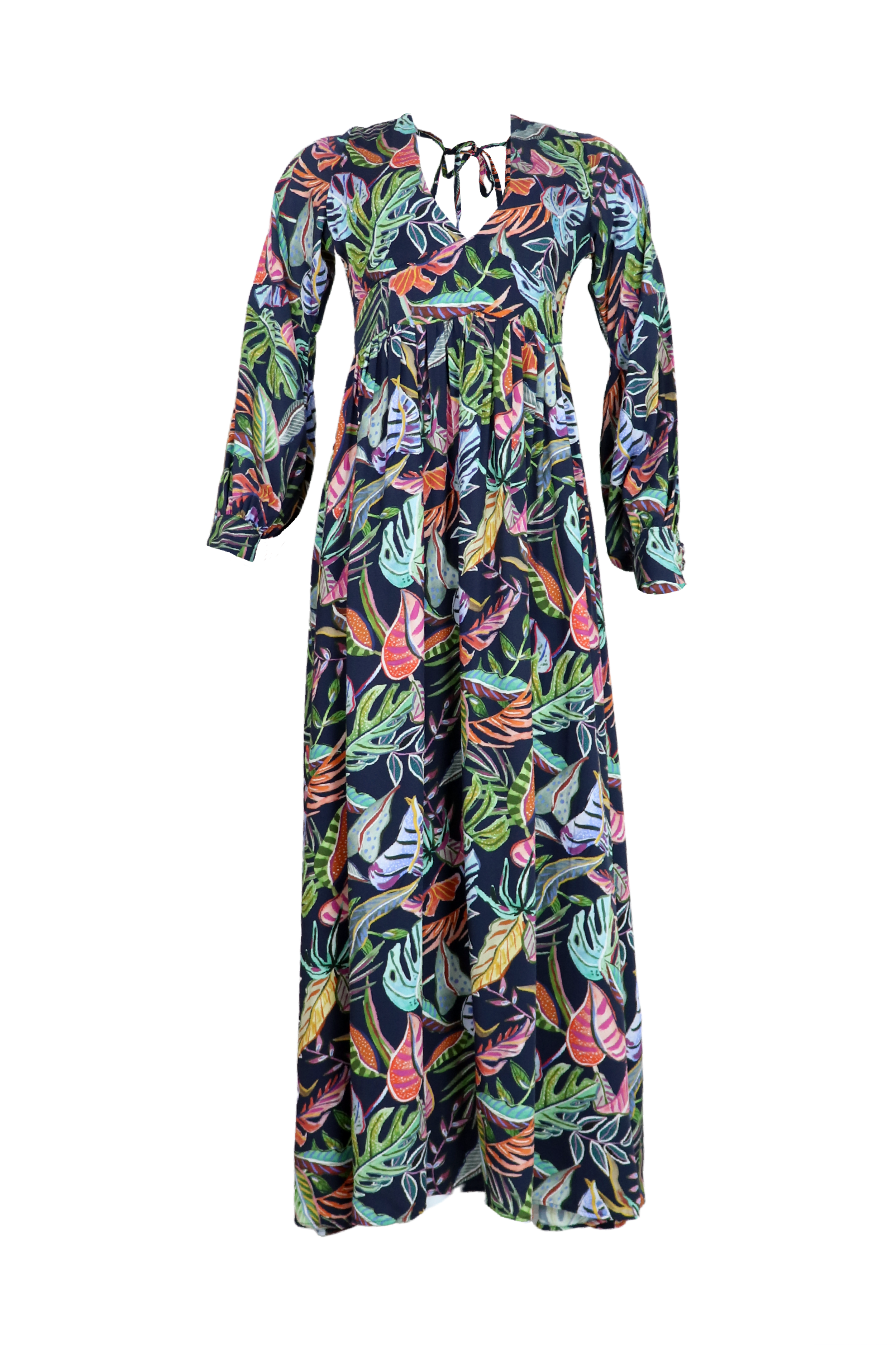 Vestido fondo azul oscuro con escote en espalda