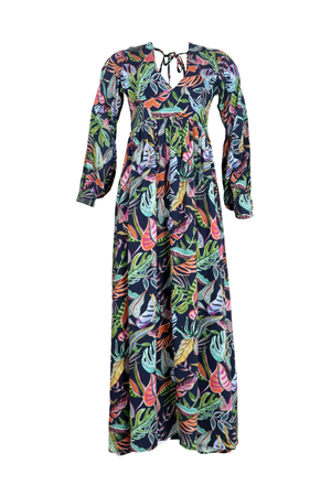 Vestido fondo azul oscuro con escote en espalda