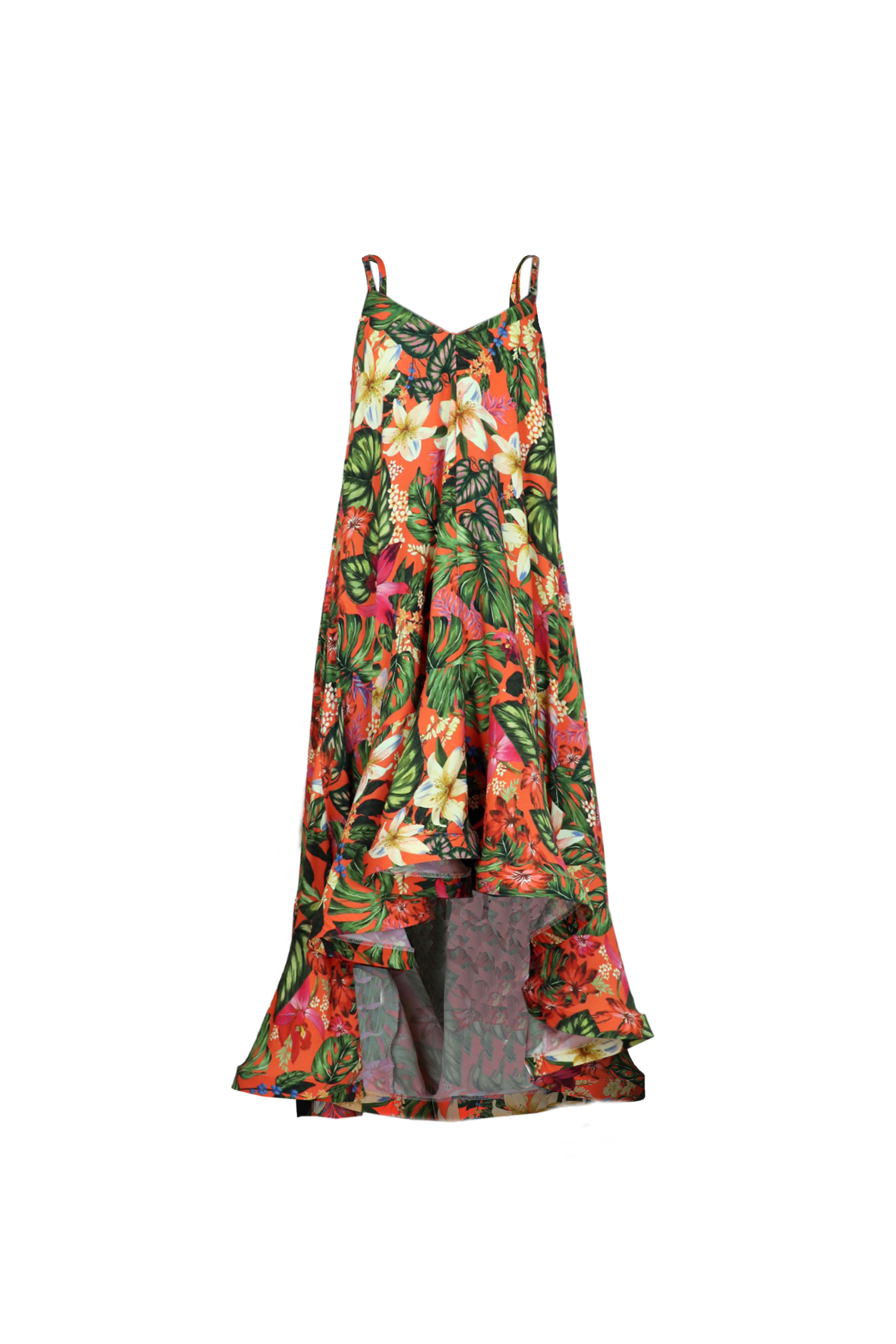 Vestido largo de tiras con corte asimétrico en la falda y cintilla ondulada en el ruedo. 