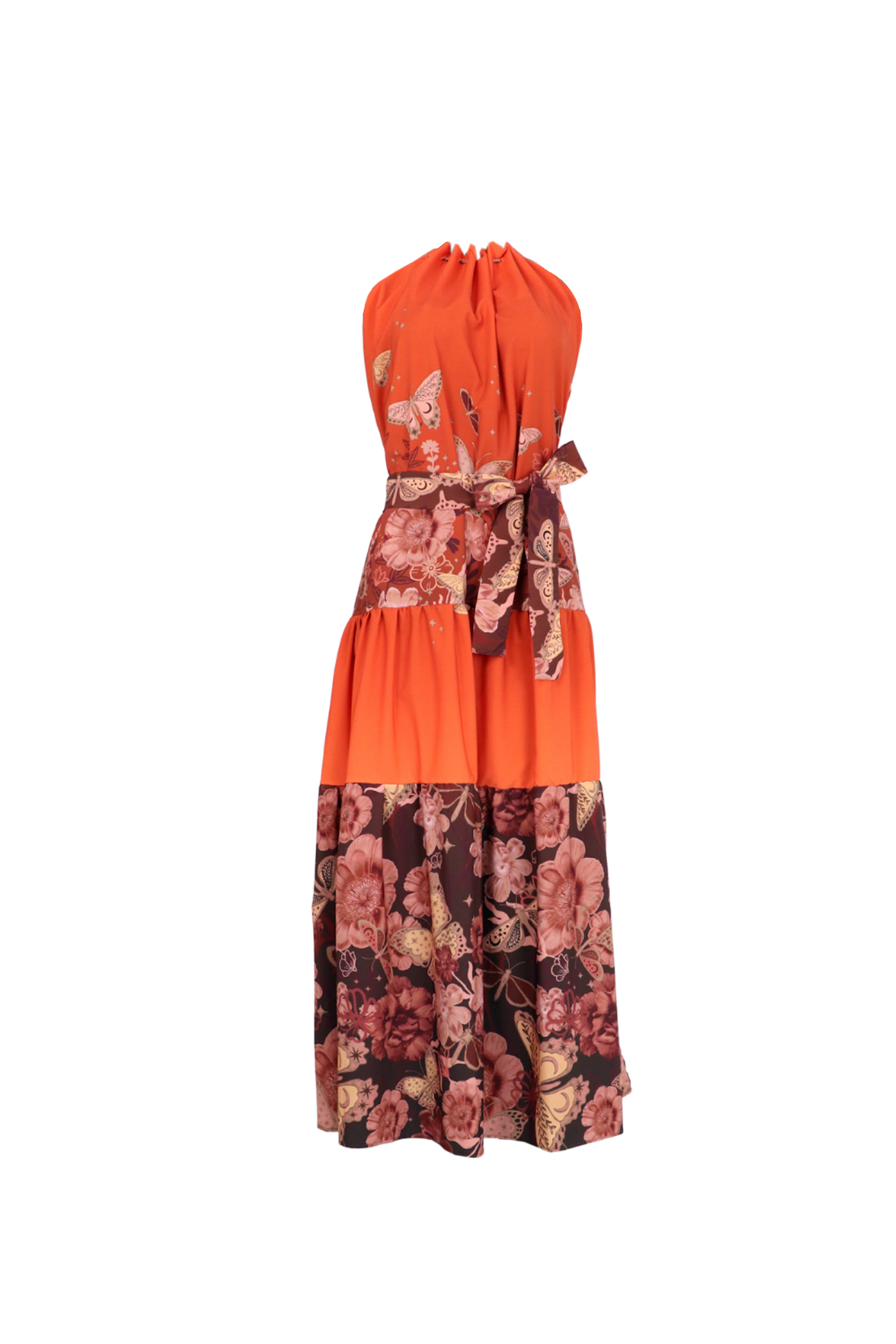 Vestido largo con lazo del mismo estampado