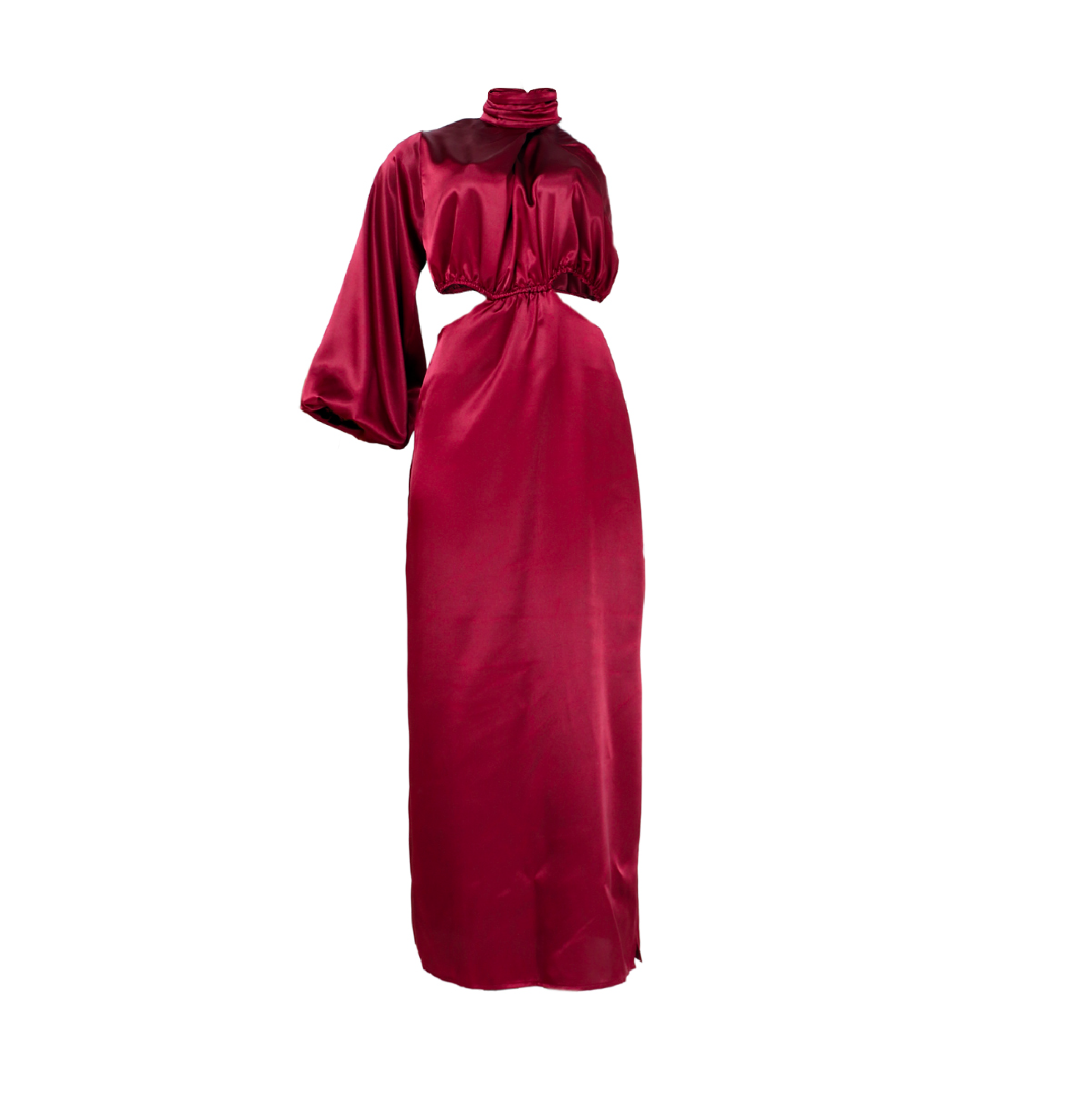 Vestido vinotinto con escote en la cintura
