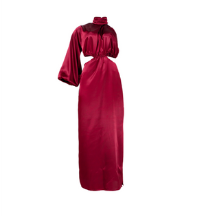 Vestido vinotinto con escote en la cintura
